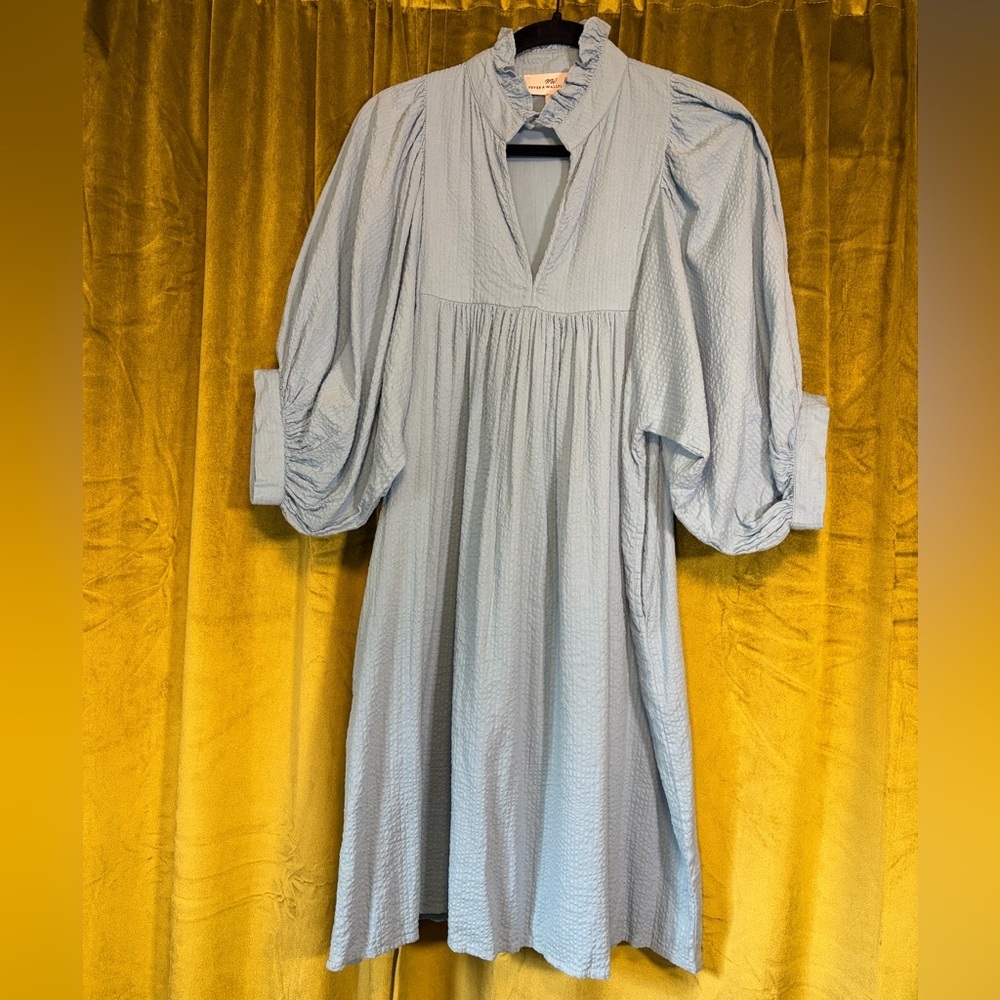 Never a Wallflower High Neck Dress Carolina Blue Seersucker Mini Medium $288 - Picture 2 of 8